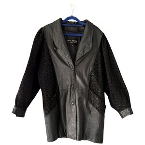 Vintage Wilsons Leather & Floral Jacquard Coat 90s Oversized Mob Wife Jacket M